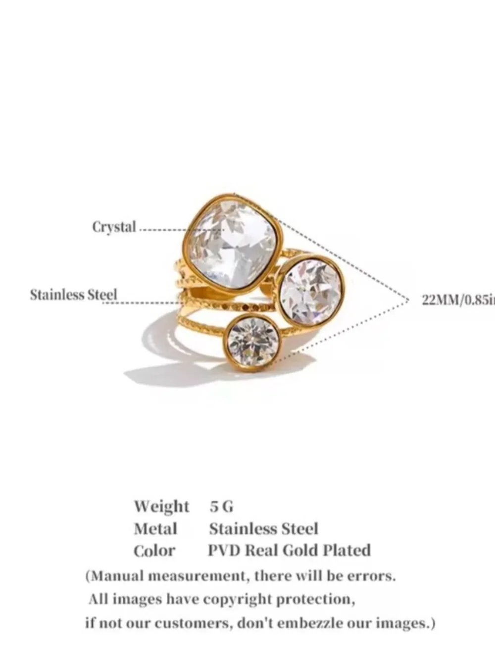 18 K Gold plated Triple Crystal Stack Ring